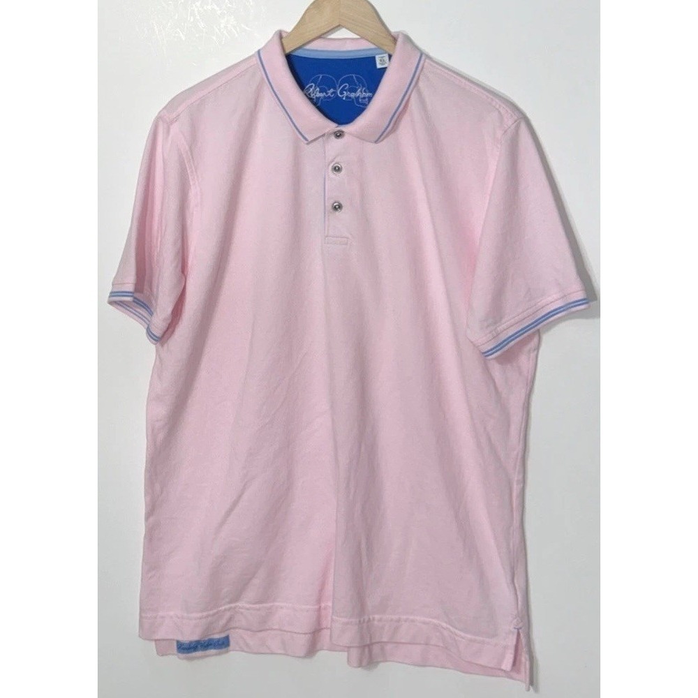 Mens ROBERT GRAHAM Polo Shirt Pink Classic Fit Sz XL Blue Tipped Collar & Cuffs